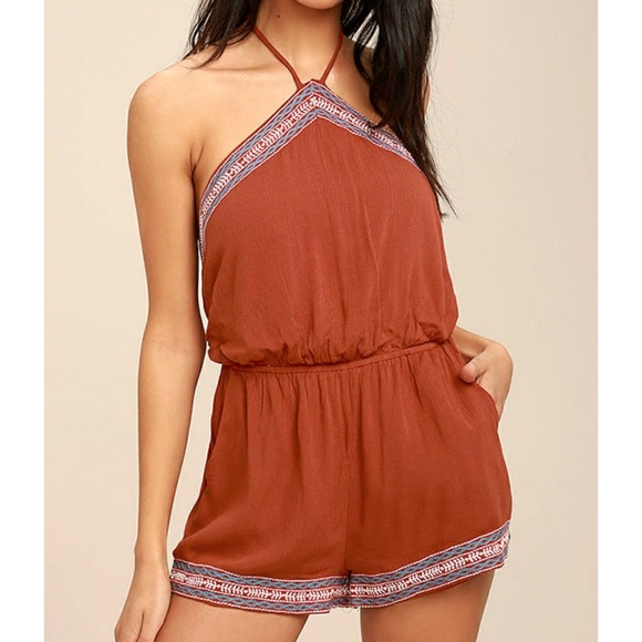 Lulu's Tidewater Rust Red Embroidered Romper - Picture 1 of 4